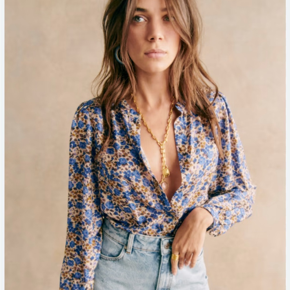 Sezane Irina Shirt Blue Floral Print - Size 2